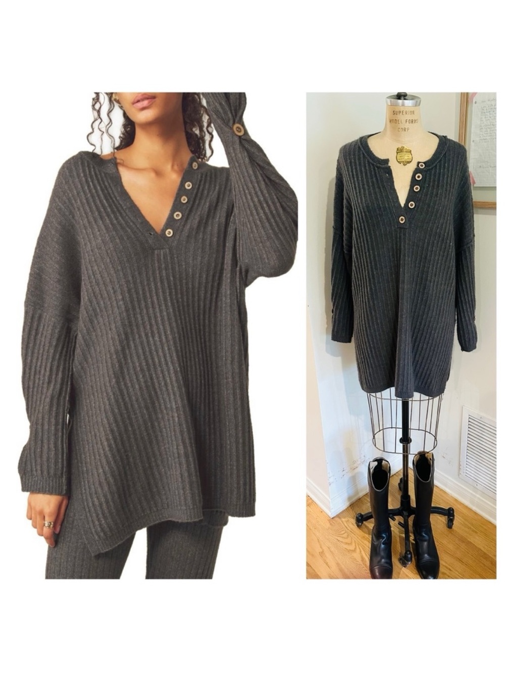 Free People Intimately "Around the Clock" Henley Tunic Sweater XS (runs big)
